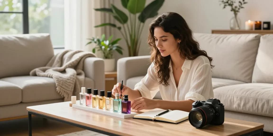Engaging perfume buying guide scene, showcasing a woman exploring fragrance samples in a cozy home setting.