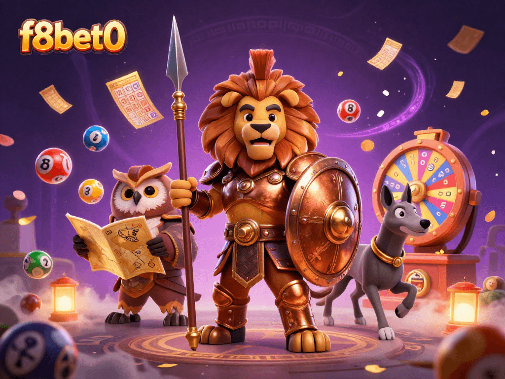 Experience f8bet0's thrilling lottery scene with Spartan lion and wise owl strategizing amidst vibrant game elements.