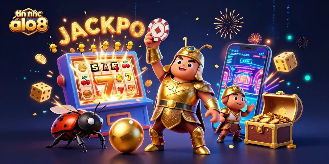 Engage with tin tức alo8 in this vibrant, dynamic 3D casino scene showcasing a victorious beetle hero and exciting game elements.