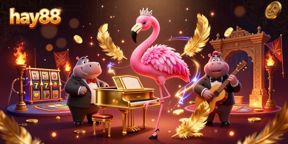 Join the excitement at hay88 with an ultra-detailed casino scene featuring vibrant characters and gaming elements.