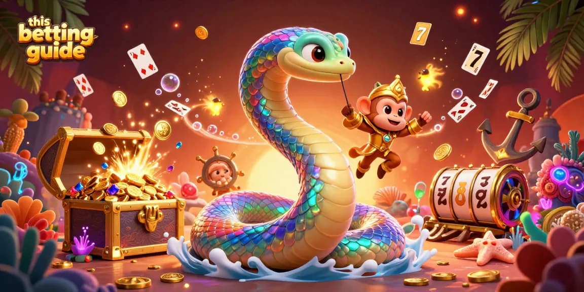 This betting guide showcases a vibrant fantasy scene with a cartoon rainbow serpent and monkey king amidst colorful casino elements.