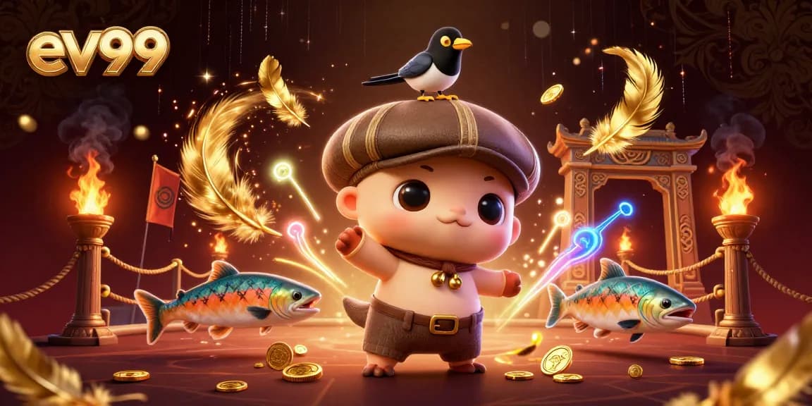 Experience the excitement of ev99 through playful characters in a vibrant casino scene.