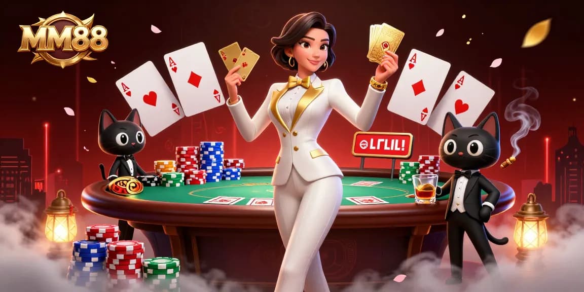 Experience the excitement of MM88 as a glamorous dealer shuffles cards in a dynamic casino scene.