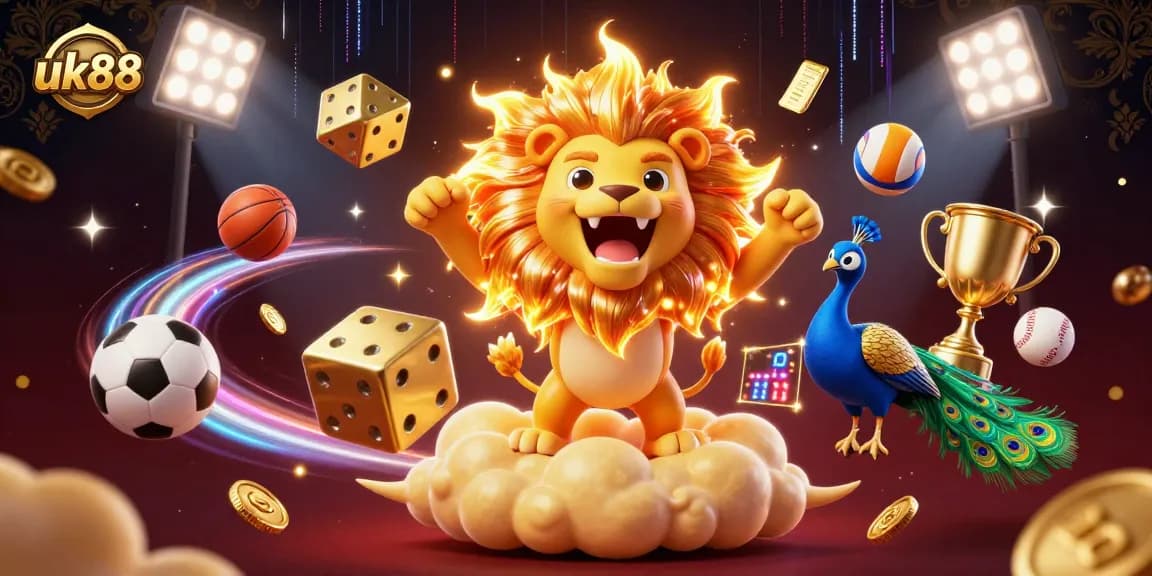 Engage with the thrilling world of uk88, featuring a vibrant 3D illustration of dynamic sports elements and animated characters.