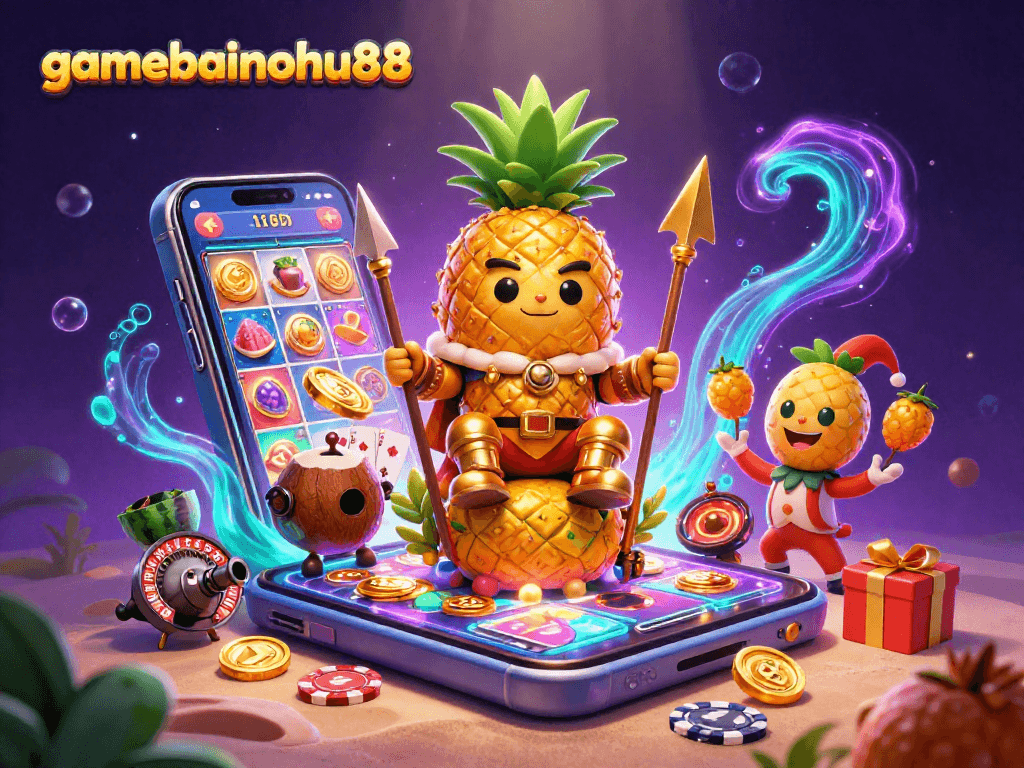 gamebainohu88 invites players to experience thrilling casino adventures with golden coins and slot games in a vibrant scene.