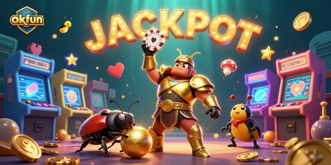 Experience the thrill at okfun with a victorious beetle character lifting a poker chip amidst vibrant gaming elements.