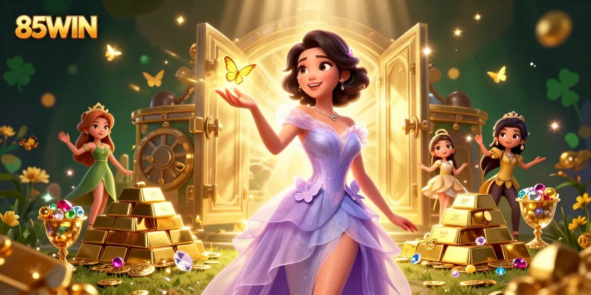 85WIN players enjoy thrilling jackpot chances in a magical casino illustration filled with riches.