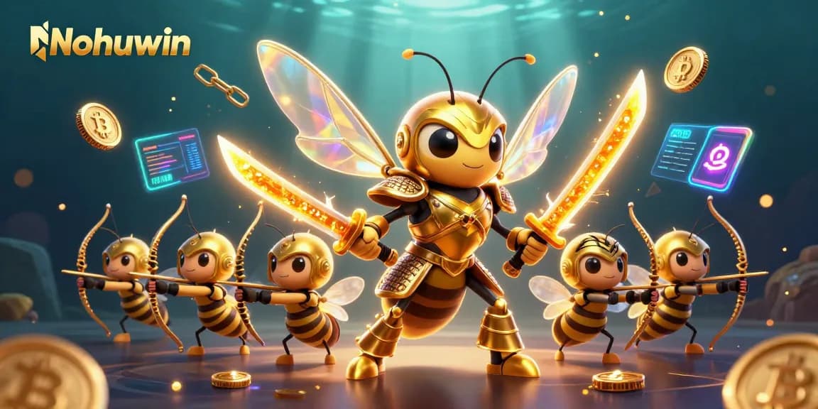 Nohuwin showcases a vibrant casino-themed scene with a golden hornet samurai and crypto elements.