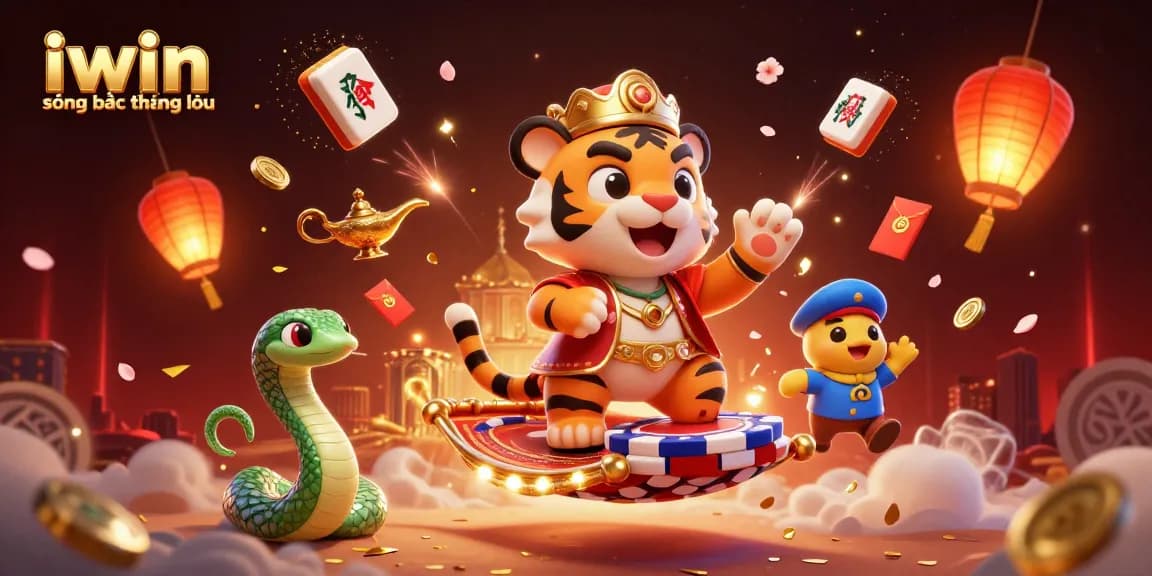 Experience the thrill of iwin sòng bạc thượng lưu with this vibrant casino-themed illustration, featuring a magical sultan on a poker chip carpet.