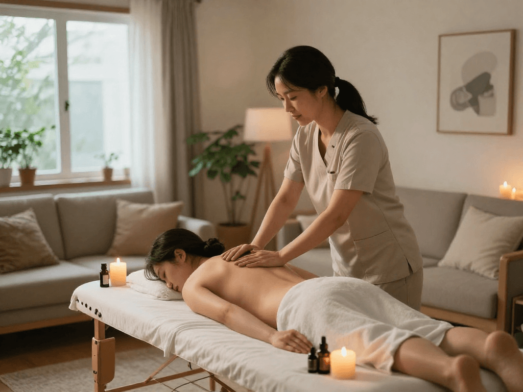 의정부출장 luxury home massage service in a calming environment, showcasing a professional therapist and client.