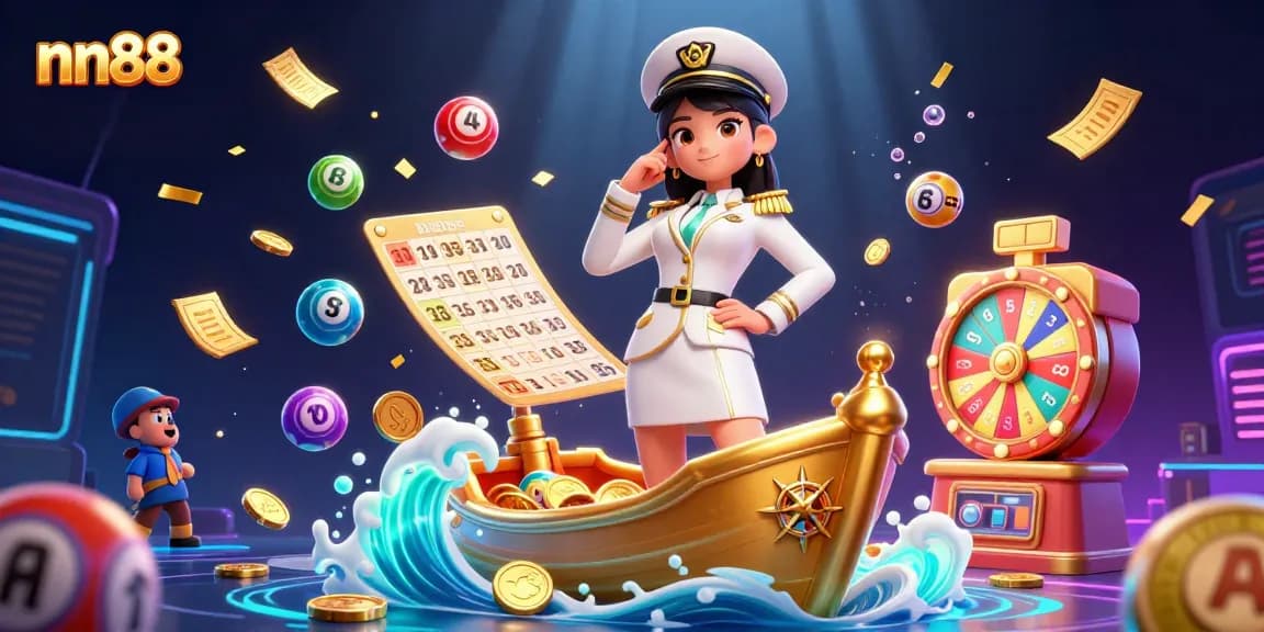 Engage with nn88's vibrant gaming world, featuring dynamic lottery elements in a captivating 3D scene.