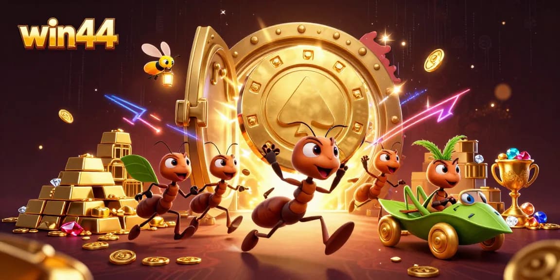 Win44 arcade heist scene with ants, golden poker chip, and treasure elements.