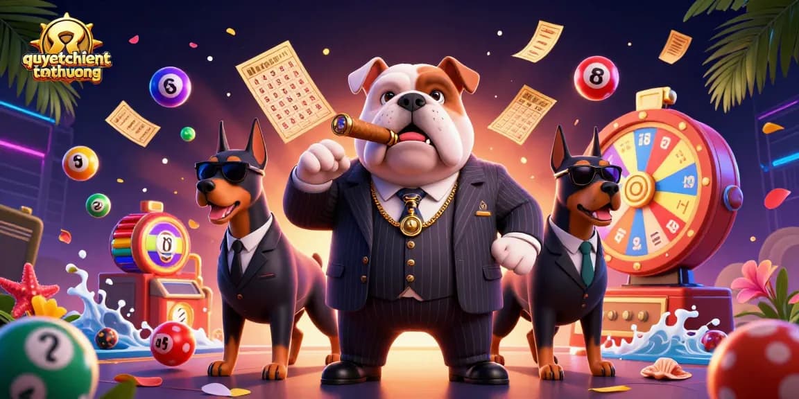 Play the thrilling game 'quyetchientienthuong' with an action-packed casino scene featuring colorful lottery elements.