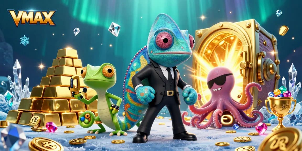 Experience thrilling gameplay with VMAX in a vibrant 3D casino scene filled with sparkling treasures.
