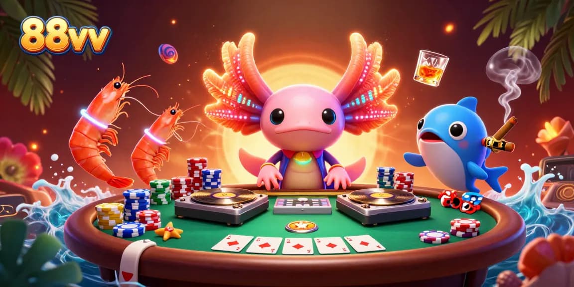 Experience thrilling poker scenes with 88vv's animated axolotl DJ spinning at this vibrant casino.