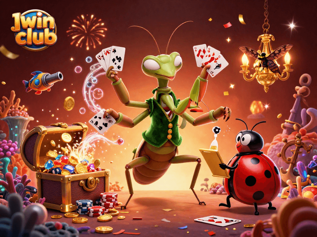 Iwin club's colorful casino scene featuring a vibrant praying mantis dealer, lively ladybug pit boss, and treasures dynamically interacting in a rich, celebratory environment.