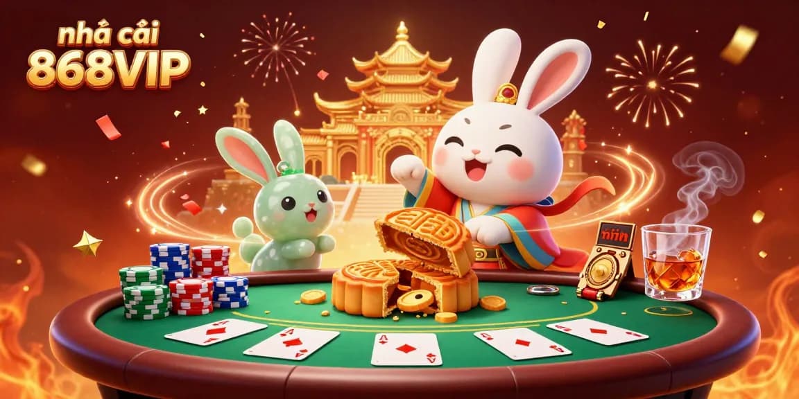Experience casino excitement with nhà cái 868VIP as a moon rabbit cracks golden mooncakes revealing poker chips in a colorful gaming scene.