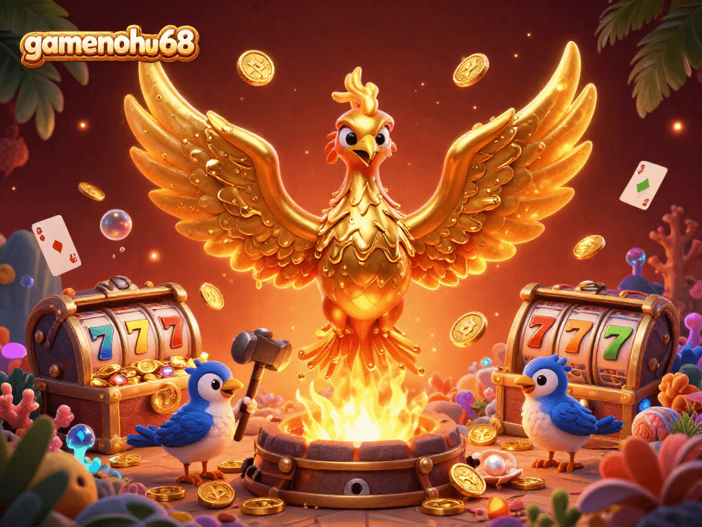 Engage with the vibrant world of gamenohu68 featuring rich casino elements and a golden phoenix illustration.