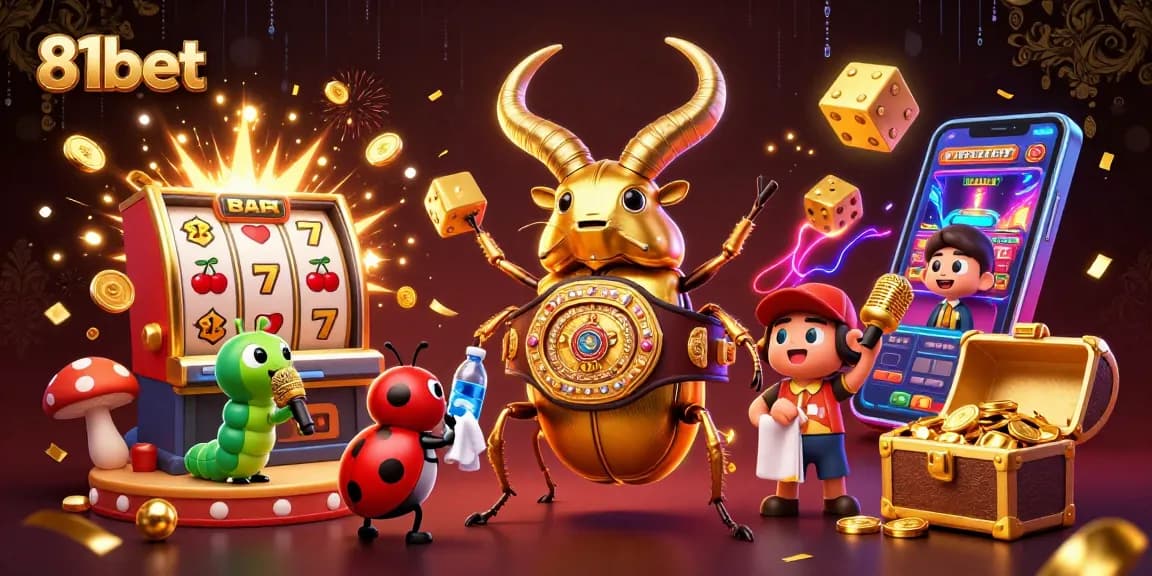 Engage in thrilling gaming with 81bet's dynamic scene featuring a giant golden beetle and jackpot slots.