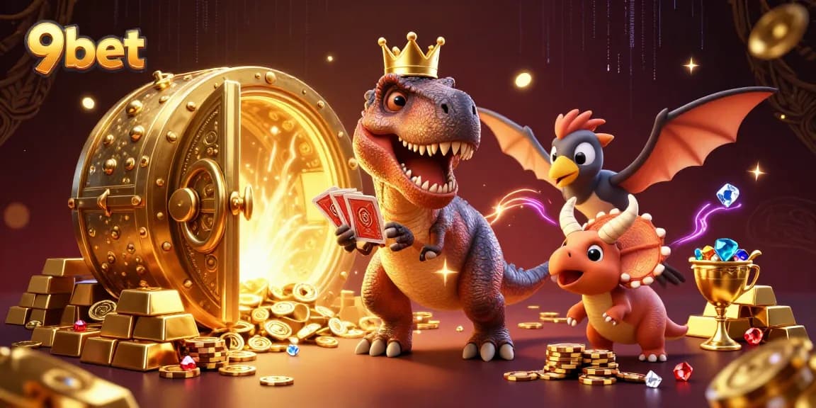 Experience thrilling moments with 9bet as a T-Rex shuffles cards amidst a world of riches.