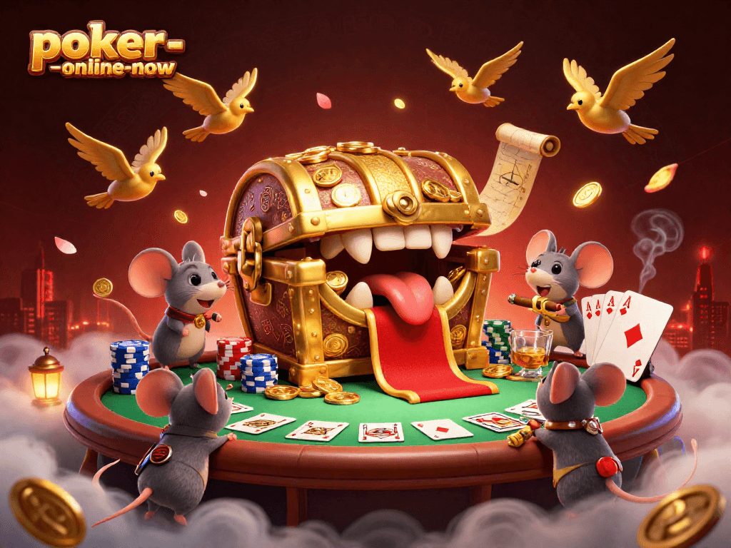 Engage in thrilling poker action at poker-online-now with vibrant treasure-laden 3D illustration.