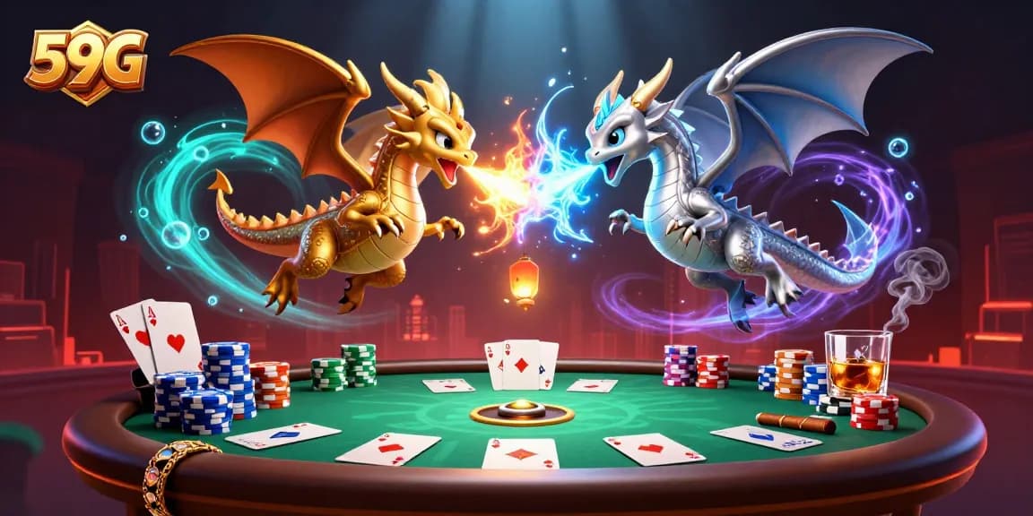 Engage in thrilling games at 59G with gold and silver dragons battling amidst vibrant casino elements.