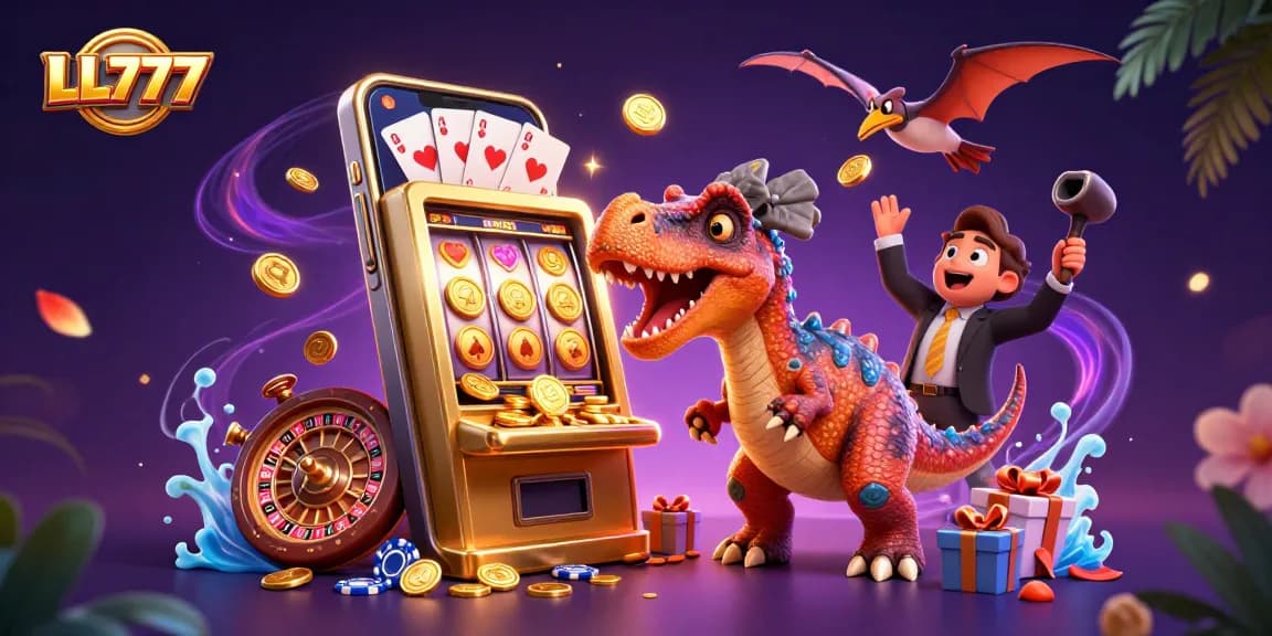 Experience thrilling jackpots with LL777 in this vibrant casino illustration featuring dynamic gaming elements.