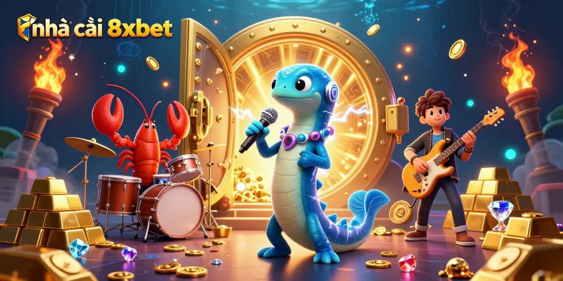 Engage with the vibrant underwater scene of nhà cái 8xbet featuring an electric eel DJ and a lively backup band.