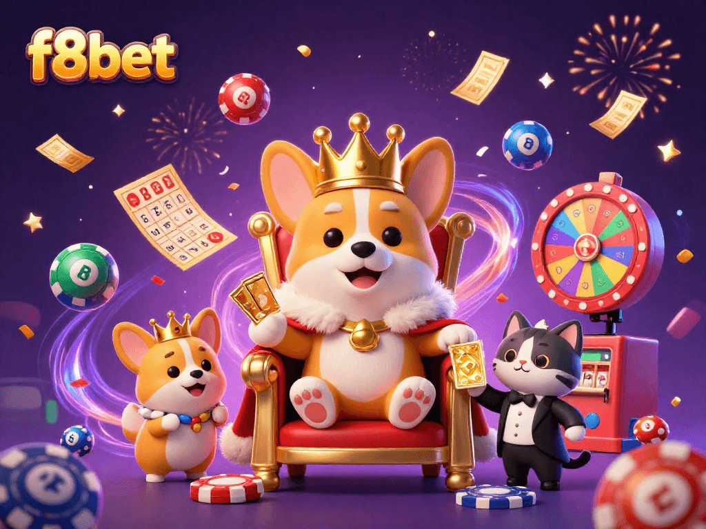 Experience the vibrant excitement of f8bet with a royal corgi on a poker chip throne amid dynamic gambling elements.
