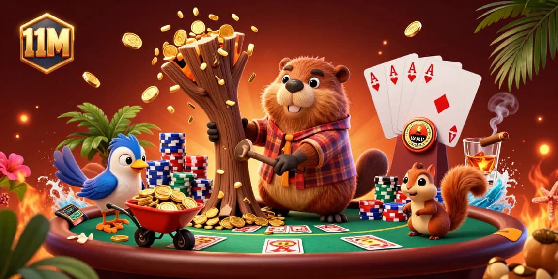 Collect gold coins with 11M in a lively casino scene featuring a cartoon beaver and friends.