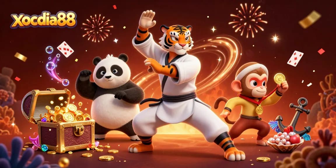 Xocdia88 features a dynamic scene with a kung fu tiger, panda, and monkey amidst vibrant casino elements.