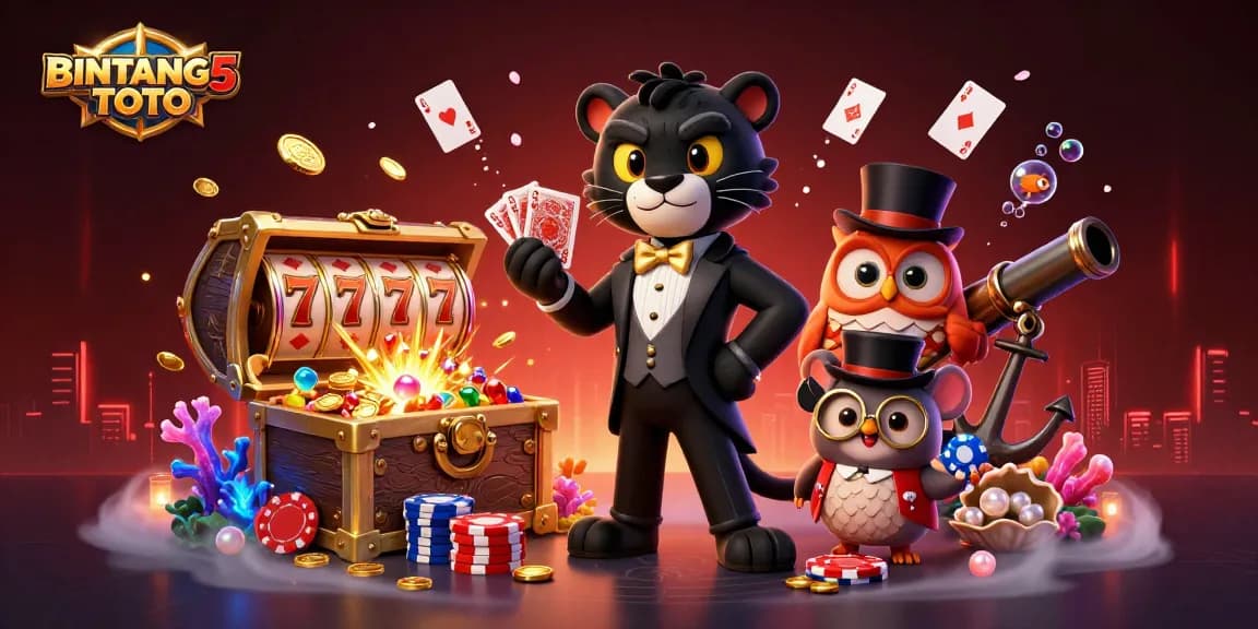 BINTANG5TOTO showcases a stylish black panther dealing cards with an owl and a lucky mouse in an exciting casino setting.