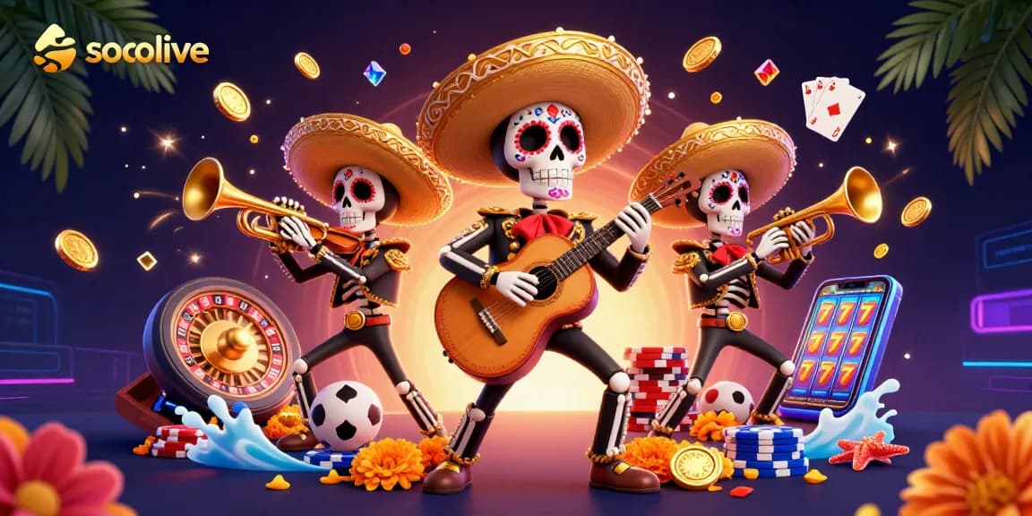 Socolive sports betting scene with mariachi skeletons, golden coins, and poker chips flying