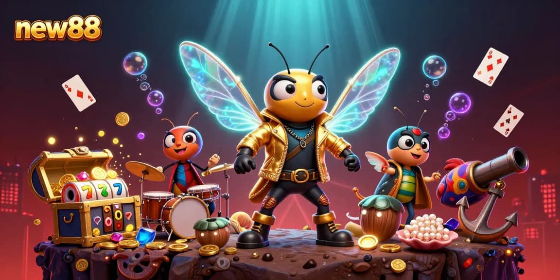 Experience the excitement of new88 with a vibrant 3D rendering of a rock star cicada in a golden jacket amidst casino games.
