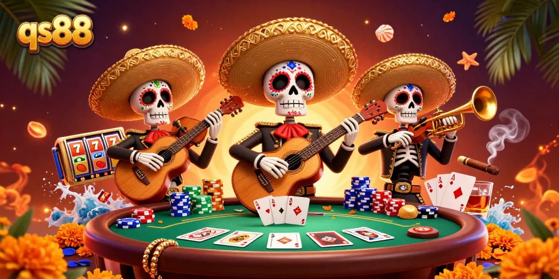 Experience the excitement of qs88 with mariachi skeletons, poker elements, and vibrant casino action.