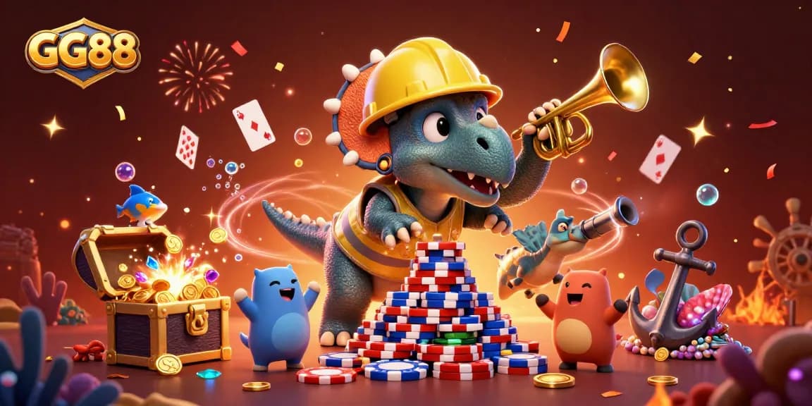 GG88 celebrates gaming with a 3D triceratops and vibrant casino elements exploding in joy.