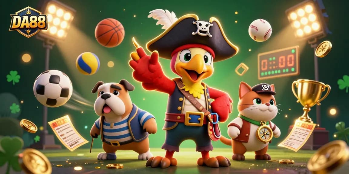 Engage in thrilling betting adventures with DA88, showcasing colorful sports elements and a cartoon pirate theme.