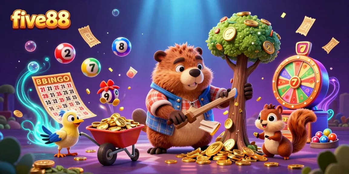 Win big with five88 as a cartoon beaver chops trees raining coins in a vibrant casino scene.