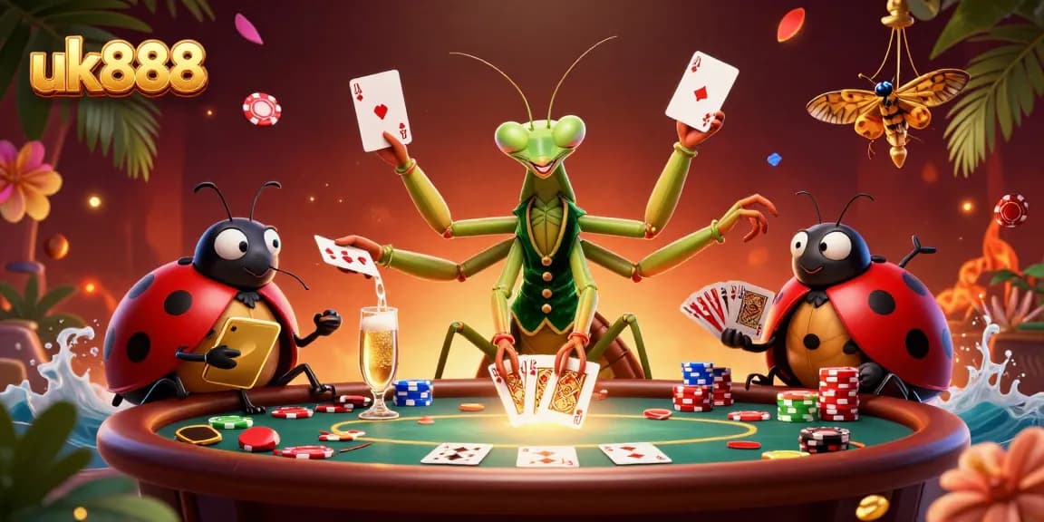 Experience the thrill of uk888 poker with a charismatic praying mantis dealer at a lively casino.
