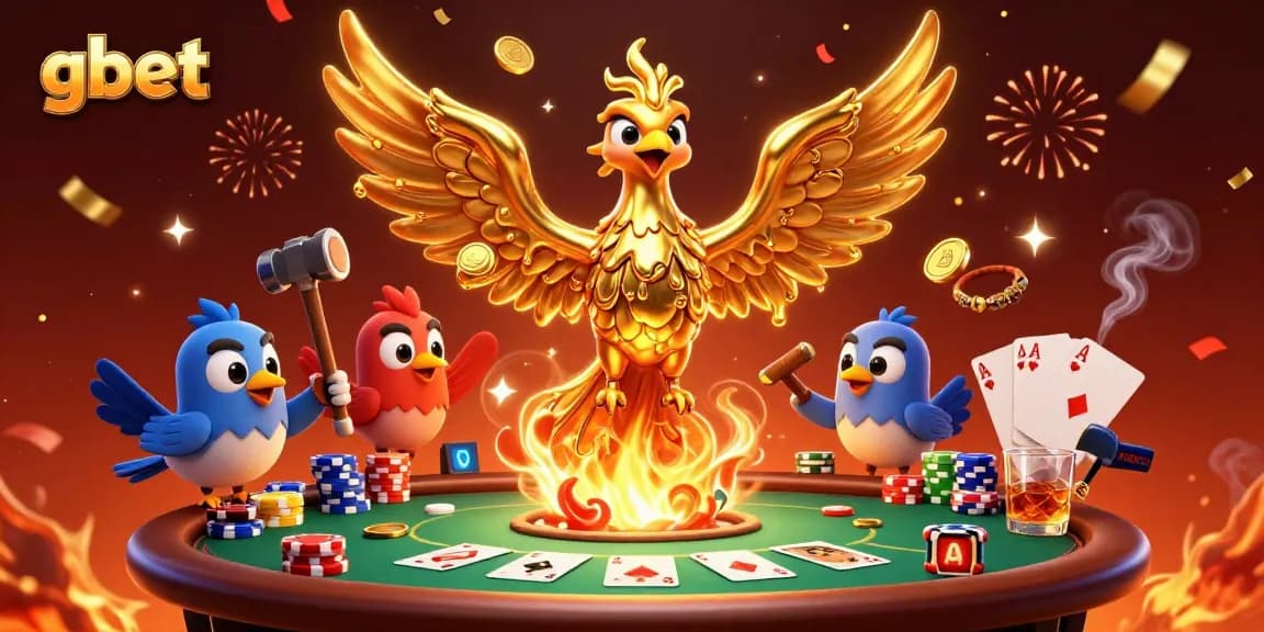 gbet players winning coins in a lavish casino scene with a molten gold phoenix and poker action