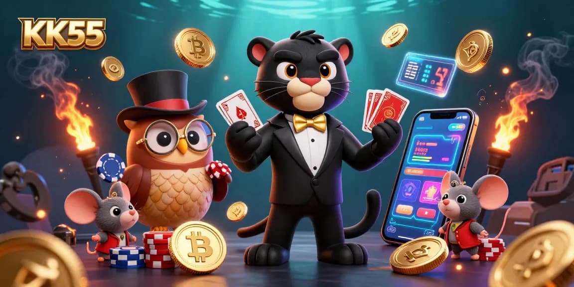 KK55 offers immersive gaming with a stylish panther dealing cards and bright crypto elements