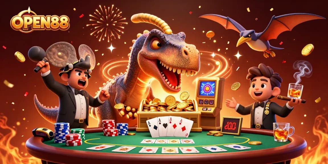 Experience the excitement of OPEN88 with dynamic characters enjoying a jackpot scene in a lively casino atmosphere.