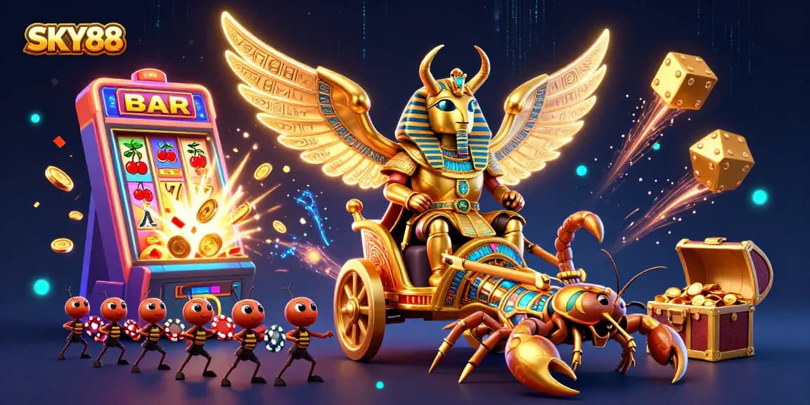 Experience thrilling wins with SKY88's colorful 3D casino adventure featuring iconic game elements.