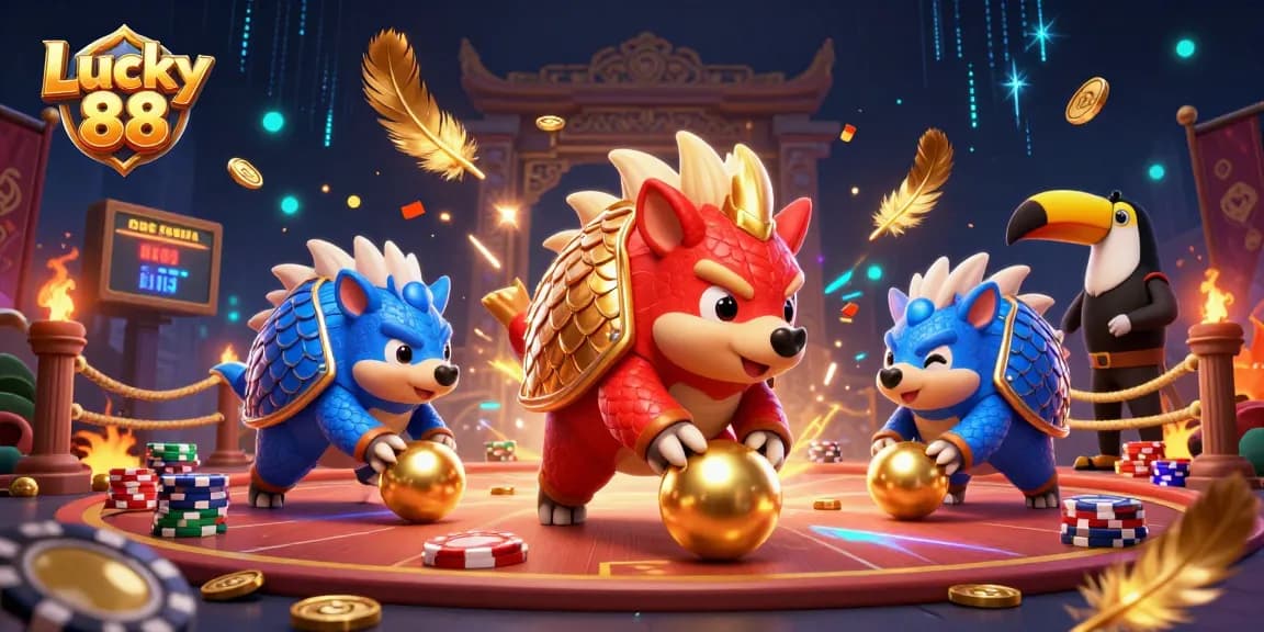 Lucky 88 pangolins battle in a casino scene filled with poker chips and golden scales.