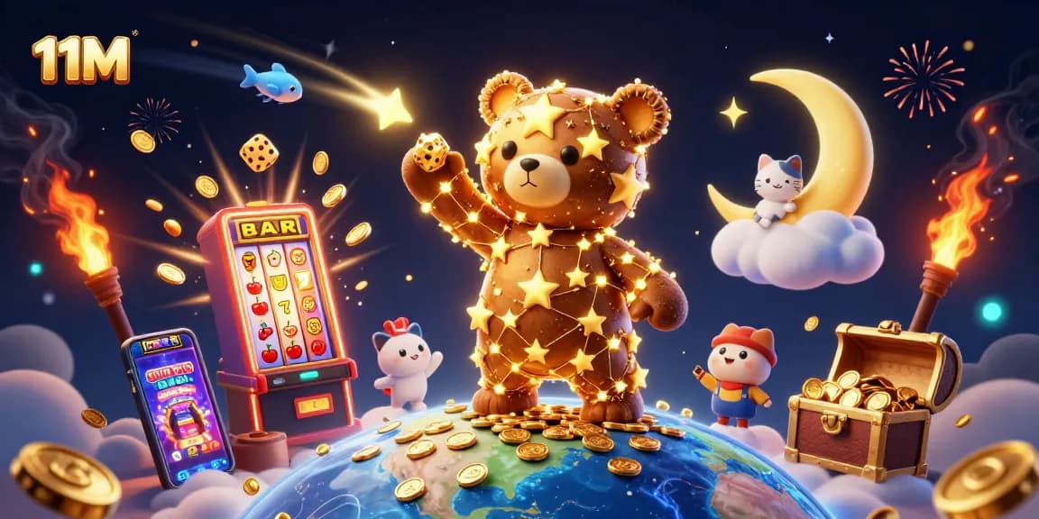 Spin the reels in excitement with 11M's vibrant casino scene featuring a jackpot explosion of coins.