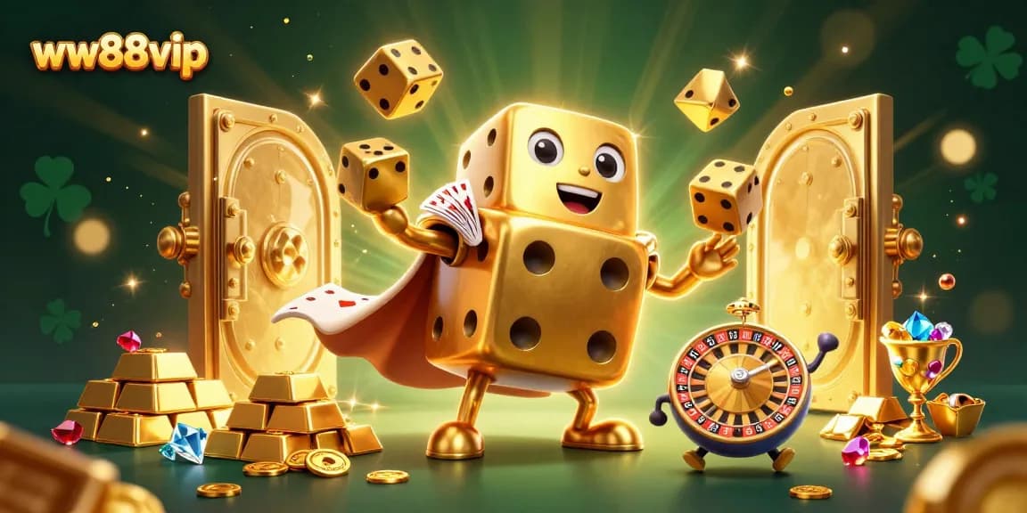 Experience thrilling gaming with ww88vip's golden dice golem in a vibrant casino scene.