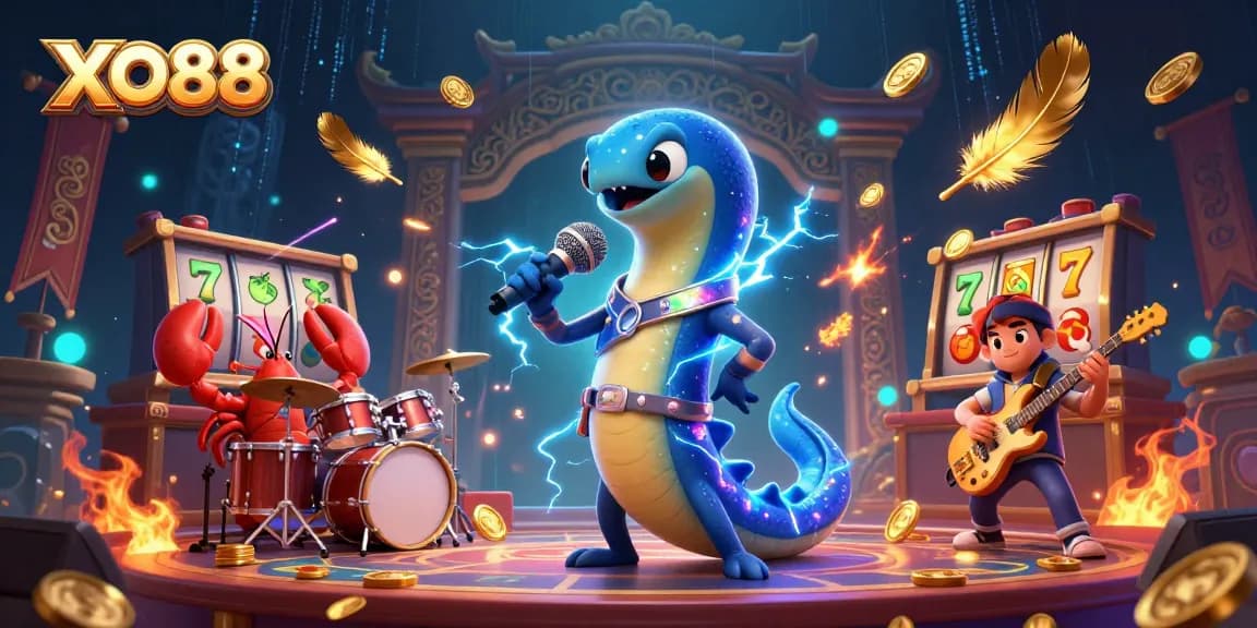 Experience thrilling game action with XO88 in a vibrant underwater casino scene featuring electric eel DJ.