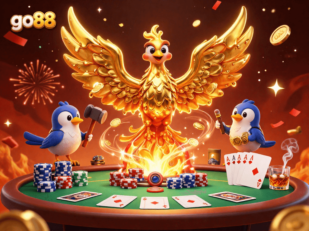 Experience thrilling go88 action with a golden phoenix, poker chips, and championship flair.