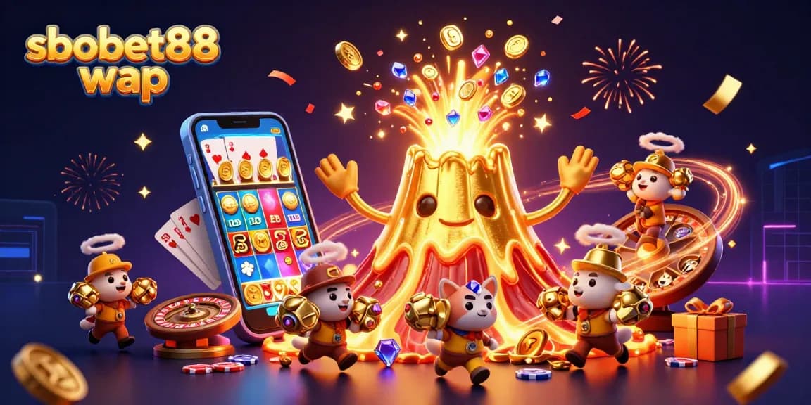 Experience sbobet88 wap with vibrant 3D illustration depicting a golden volcano erupting coins and lively casino symbols.