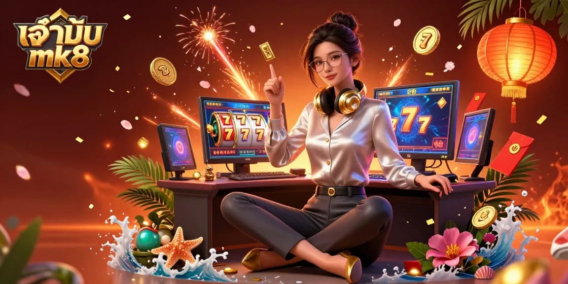 Experience immersive gaming with เจ้าของ mk8 as the elegant Asian woman navigates a vibrant casino world.